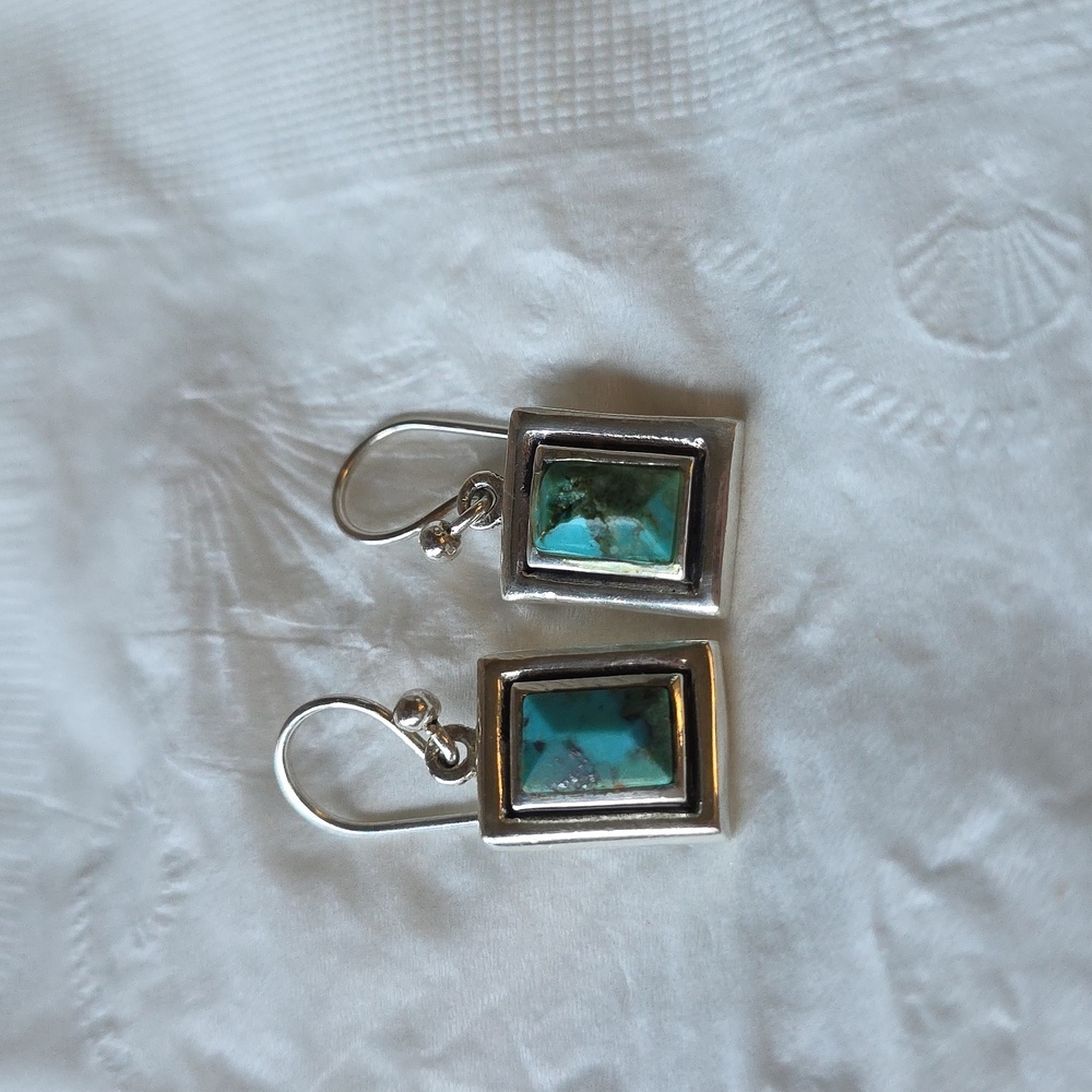 Vintage Turquoise And Silver Rectangular Earrings - image 1